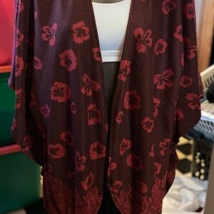 Catherines Burgundy Floral Kimono with Black Fringes Size 3X